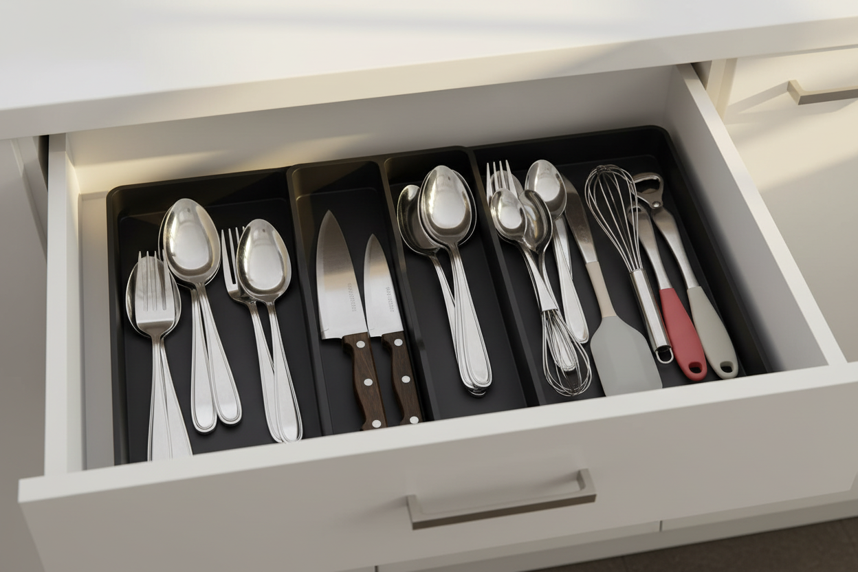 Zwarte keukenlade-organizer in lade met bestek – Tidynest